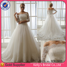 Bateau Neck Lace Sleeve Vestido de noiva Lace Appliqued A-line Wedding Dress Sale